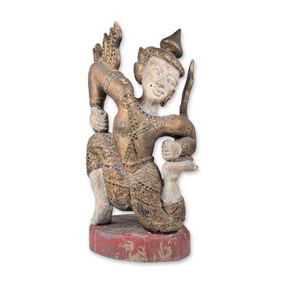 Burmese Carved Gilt Wood and Lacquer Kneeling Deity Figurine