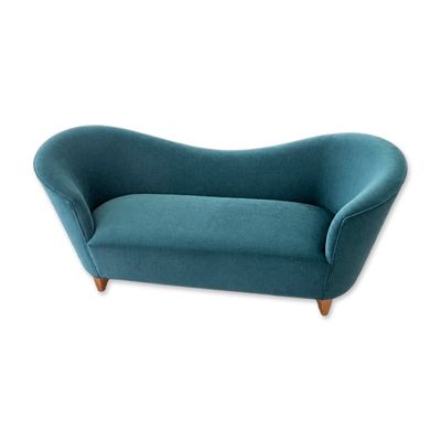 Mid-Century Modern Teal Velvet Curved Settee