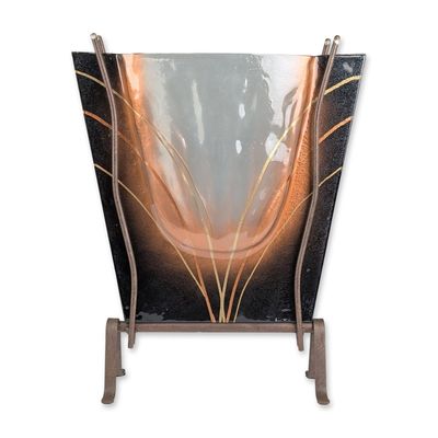 Mark Hines Slumped Art Glass Sculpture with Forged Metal Stand
