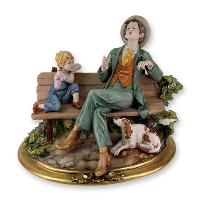 Triade Luigi Giorgio Benacchio Italian Porcelain Figurine, Man on Bench with Boy and Dog