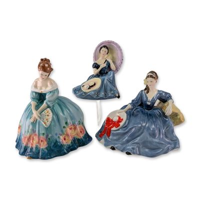 Trio of Royal Doulton England Porcelain Seated Lady Figurines