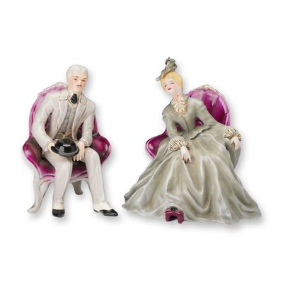 Pair of Florence Ceramics Victorian Gentleman and Lady Seated Figurines, Edward and Mary