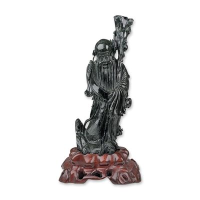 Chinese Spinach Jade Shoulao Carved Figurine with Wood Stand