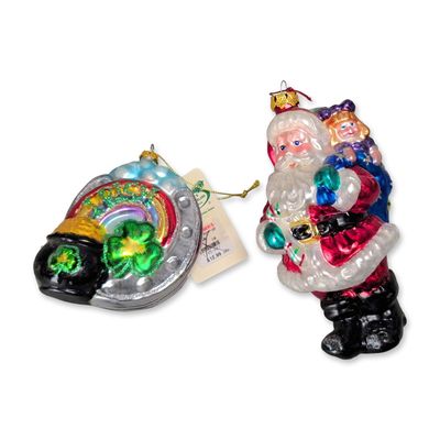 2pc Brass Key Santa and Bronner's Irish Themed Glass Ornaments