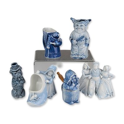 Collection of Blue and White Dutch Style Ceramic Figurines and Vessels