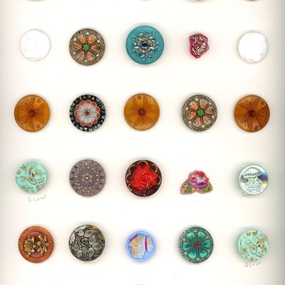 A CARD OF DIVISION THREE ASSORTED CZECH GLASS BUTTONS