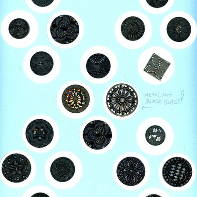 A CARD OF DIVISION ONE BLACK GLASS BUTTONS