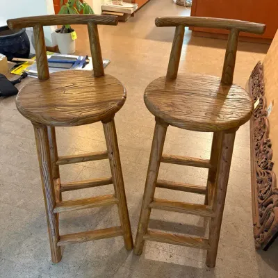 Asian Inspired Wood Bar Stools W/  Bamboo Magazine Holder 
