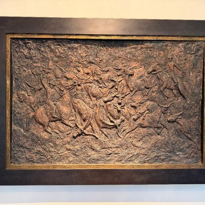 Framed mid-century 3D relief wall sculpture depicting figures on horseback and cattle, rendered in bronze-toned impasto finish and signed...