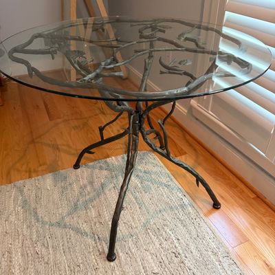 Nature-Inspired Branch & Bird Metal Base Glass-Top Table