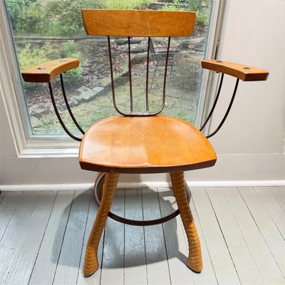 Vintage Mid-Century Modern Wooden Armchair with Sculptural Metal Frame & Curved Wood Arms