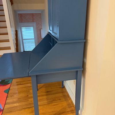 Vintage Blue Painted Secretary Desk / Drop-Front Writing Desk with Upper Cabinet, Shelves & Tapered Legs