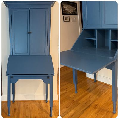 Vintage Blue Painted Secretary Desk / Drop-Front Writing Desk with Upper Cabinet, Shelves & Tapered Legs