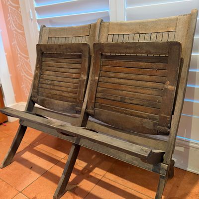 Vintage Two-Seat Folding Slatted Wood Bench, Theater, Waiting Room Style Seating