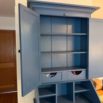 Vintage Blue Painted Secretary Desk / Drop-Front Writing Desk with Upper Cabinet, Shelves & Tapered Legs