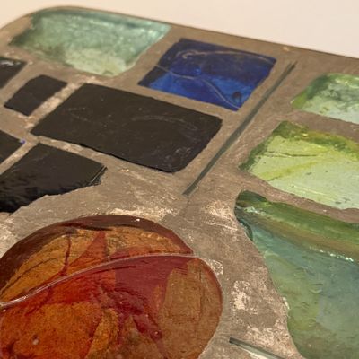 Vintage Glass-Inlaid Mosaic Accent Table with Multicolor Geometric Design and Metal Frame