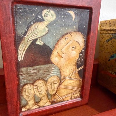 Folk Art Collection –Julia Stankova “A Bird Bizarre” Painted Wood Reliefs, Bird-Decorated Wooden Box, Two Wood Bird Sculptures & Clay...