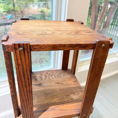 Rustic Solid Wood Three-Tier End Table / Plant Stand w Pegged Joinery &Brass Hardware