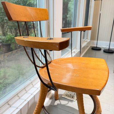 Vintage Mid-Century Modern Wooden Armchair with Sculptural Metal Frame & Curved Wood Arms