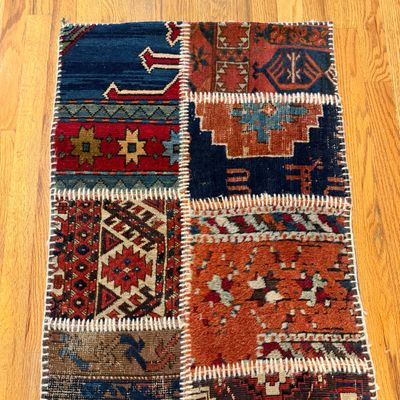 Multicolored Patchwork Rug Runner with Geometric Tribal Patterns w Rug Pad