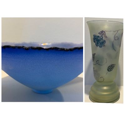 Signed Studio Art Pottery Bowl & Hand-Painted Floral Art Glass Vase, Unique Artisan Pieces