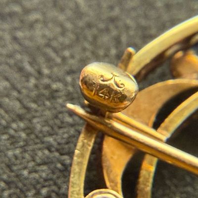 Krementz Antique Edwardian 14K Gold, Blue Enamel, Seed Pearl Brooch