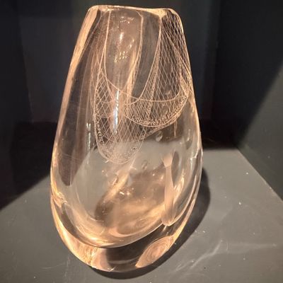 Kosta Boda Signed Art Glass Vase w White Threaded Net Design, Sweden