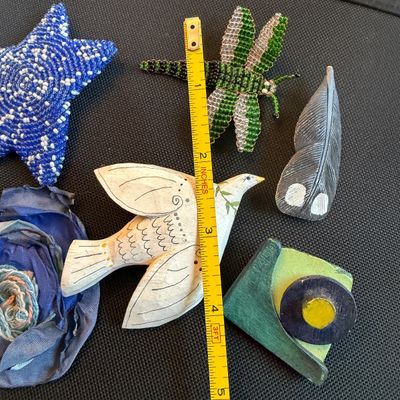 Jewelry Lot Handcrafted Folk Art Brooches and Beaded Bracelet
