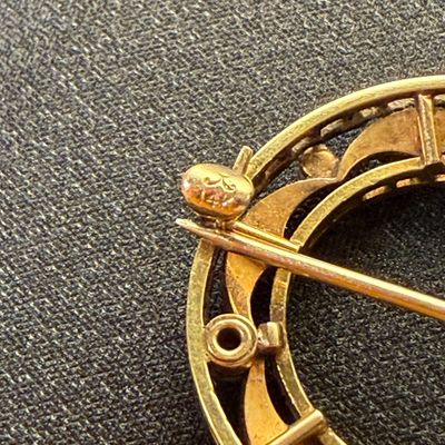 Krementz Antique Edwardian 14K Gold, Blue Enamel, Seed Pearl Brooch