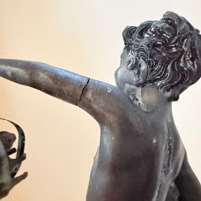 Classical Bronze-Finish Boy Sculpture on Stone Base