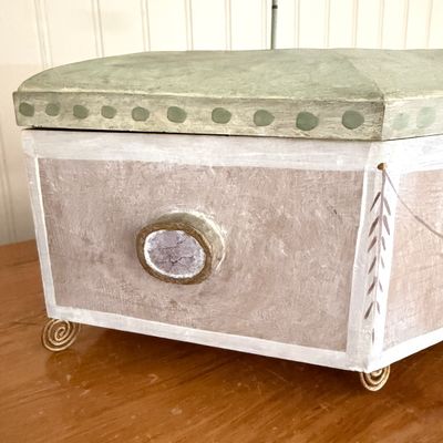 Artisanal Hand-Painted Wooden Keepsake Box with Sculpted Faces