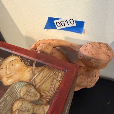 Folk Art Collection –Julia Stankova “A Bird Bizarre” Painted Wood Reliefs, Bird-Decorated Wooden Box, Two Wood Bird Sculptures & Clay...