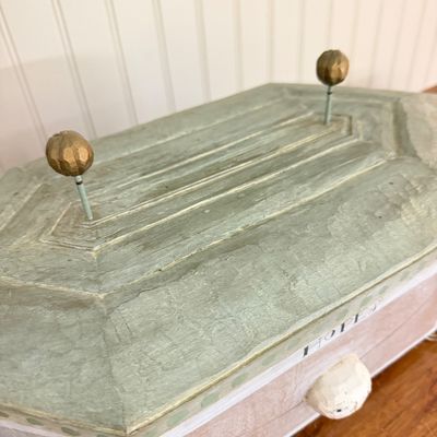 Artisanal Hand-Painted Wooden Keepsake Box with Sculpted Faces