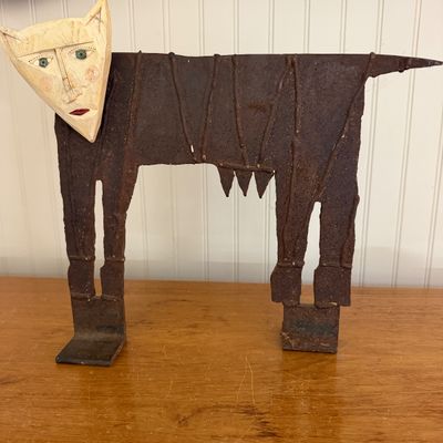 Heavy Metal and Wood Folk Art Sculpture with Angular Carved Face