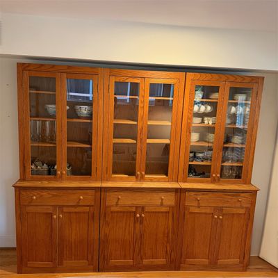 3 of 3 Oak Wood Hutch Cabinet w Glass-Front Display & Storage Cupboard