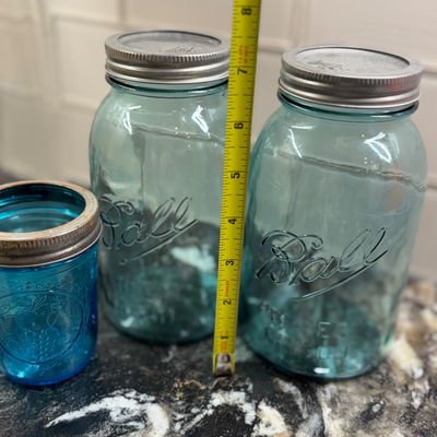 Vintage Kitchenware Lot – French Le Parfait Glass Jars, Enamel Flour Sifter, Turquoise Stoneware Bowl & Baking Tools