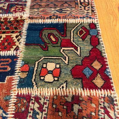 Multicolored Patchwork Rug Runner with Geometric Tribal Patterns w Rug Pad