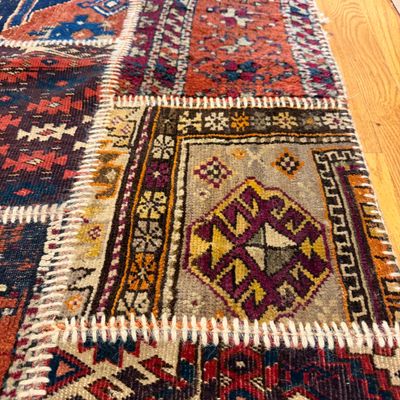 Multicolored Patchwork Rug Runner with Geometric Tribal Patterns w Rug Pad