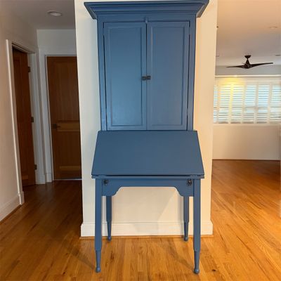 Vintage Blue Painted Secretary Desk / Drop-Front Writing Desk with Upper Cabinet, Shelves & Tapered Legs