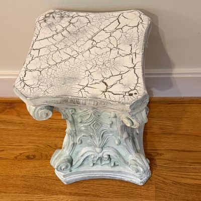 Lot of 2 Ornate Pedestal Plant Stands, Distressed Decorative Scrollwork