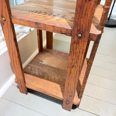 Rustic Solid Wood Three-Tier End Table / Plant Stand w Pegged Joinery &Brass Hardware