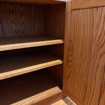 1 of 3 Oak Wood Hutch Cabinet w Glass-Front Display Storage Cupboard
