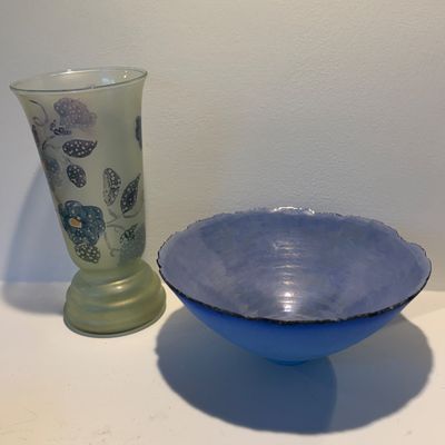 Signed Studio Art Pottery Bowl & Hand-Painted Floral Art Glass Vase, Unique Artisan Pieces