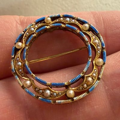Krementz Antique Edwardian 14K Gold, Blue Enamel, Seed Pearl Brooch