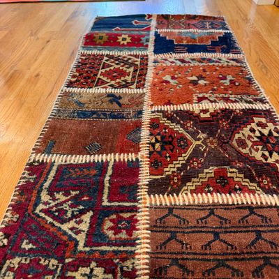 Multicolored Patchwork Rug Runner with Geometric Tribal Patterns w Rug Pad