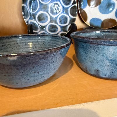 Studio Pottery Collection of Blue Glazed Bowls, Plates, and Pitcher, Signed Handmade Ceramics