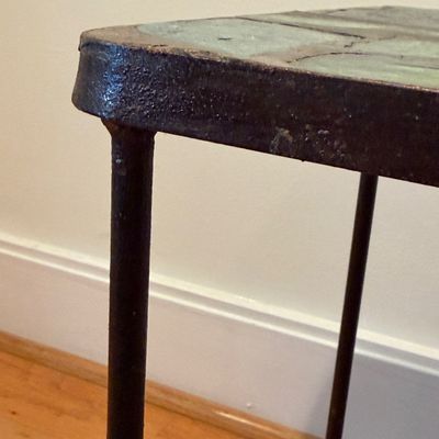 Vintage Glass-Inlaid Mosaic Accent Table with Multicolor Geometric Design and Metal Frame