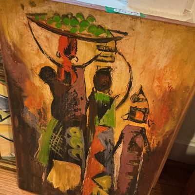 Signed African Figurative Oil Painting, Two Stylized Figures, Earth-Tone Geometric Composition