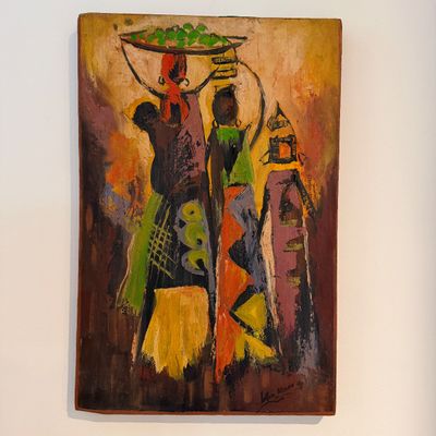 Signed African Figurative Oil Painting, Two Stylized Figures, Earth-Tone Geometric Composition