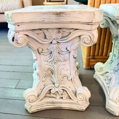 Lot of 2 Ornate Pedestal Plant Stands, Distressed Decorative Scrollwork
